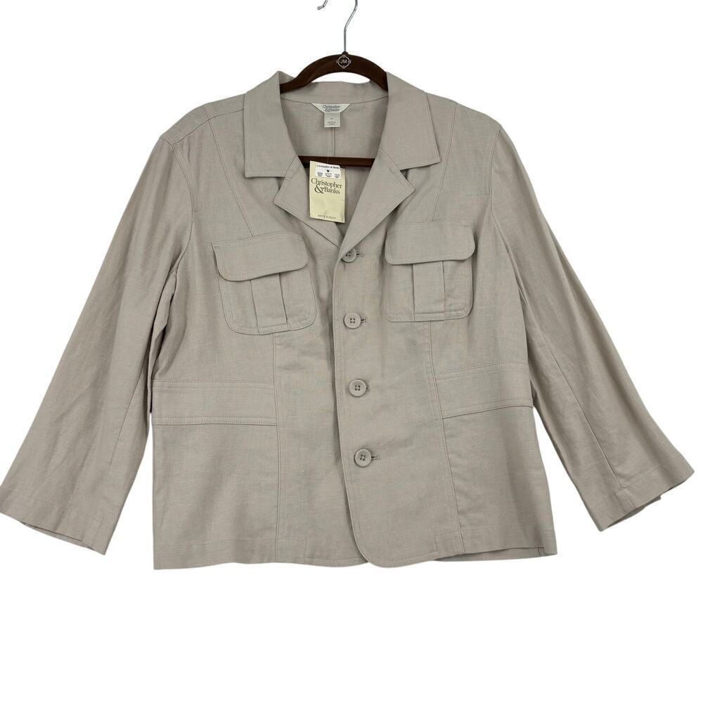Christopher‎ & Banks Blazer Jacket Size M Beige Linen Blend Shacket Button Front